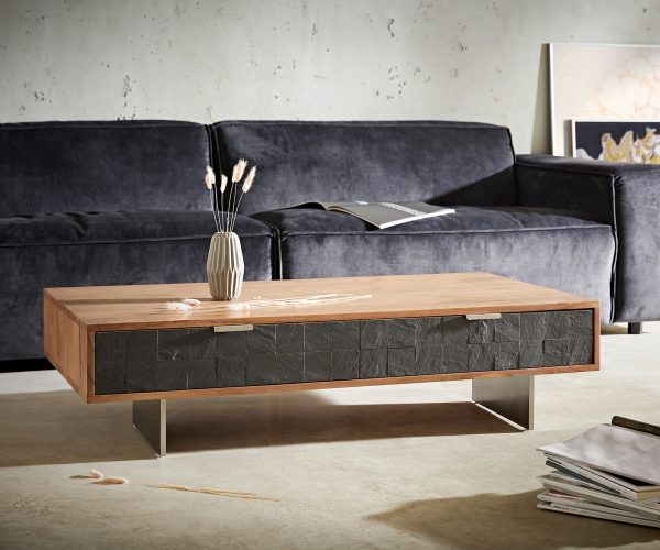 Konferenční stolek Teele 115x60 cm přírodní akácie a břidlice 4 zásuvky úzká podnož nerezová ocel