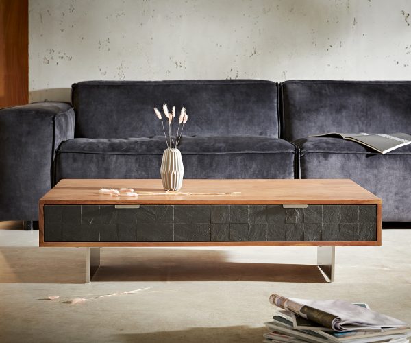 Konferenční stolek Teele 115x60 cm přírodní akácie a břidlice 4 zásuvky úzká podnož nerezová ocel - Image 2