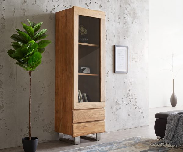 Vitrína Live Edge 60x190 cm akácie přírodní hrana 1 dvířka 2 zásuvky masiv