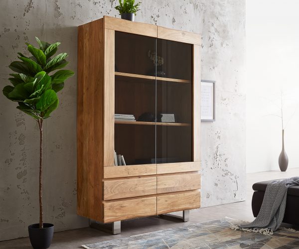 Vitrína Live Edge 120x190 cm akácie přírodní hrana 2 dvířka 4 zásuvky masiv