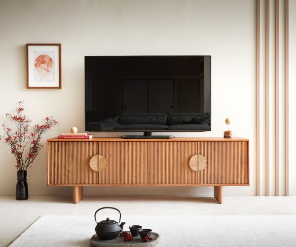 TV stolek Surimu 175 cm akácie světle hnědá 4 dvířka korkové madlo dřevěná podnož - Image 2