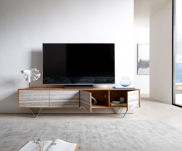 TV stolek Kleo 200 cm přírodní akácie 4 dvířka podnož ve tvaru "V" nerezová ocel - Image 4