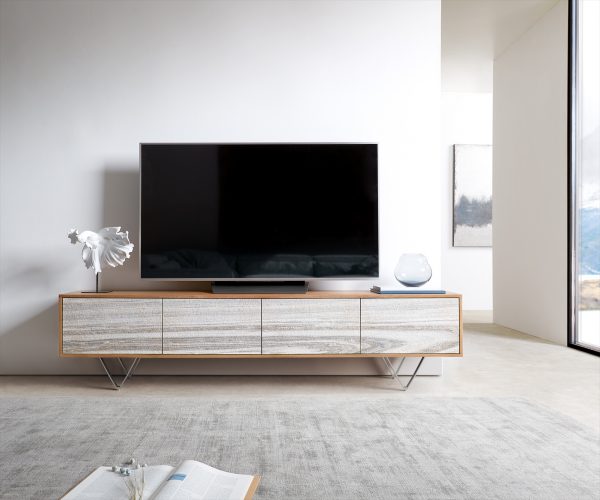 TV stolek Kleo 200 cm přírodní akácie 4 dvířka podnož ve tvaru "V" nerezová ocel - Image 2