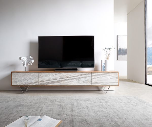 TV stolek Kleo 220 cm přírodní akácie 4 dvířka podnož ve tvaru "V" nerezová ocel - Image 2