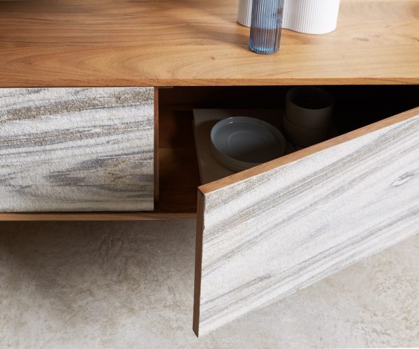 TV stolek Kleo 220 cm přírodní akácie 4 dvířka podnož ve tvaru "V" nerezová ocel - Image 5