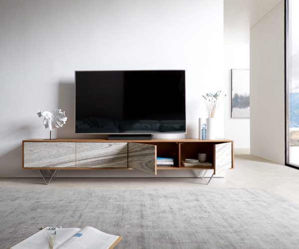 TV stolek Kleo 220 cm přírodní akácie 4 dvířka podnož ve tvaru "V" nerezová ocel - Image 4