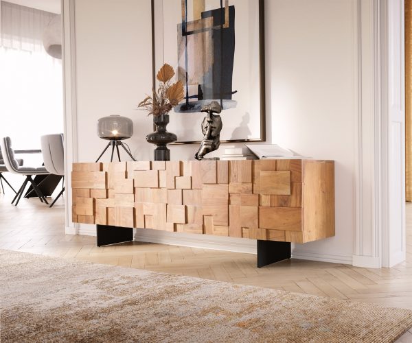TV szekrény Puzzle 175 cm 4 ajtós akác természetes lebegő fém láb fekete