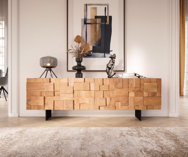 TV szekrény Puzzle 175 cm 4 ajtós akác természetes lebegő fém láb fekete - Image 2