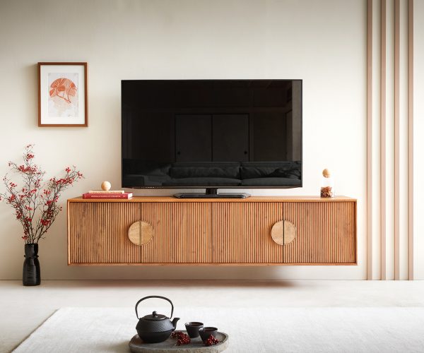 TV stolek Surimu 175x40x40 cm akácie světle hnědá 4 dvířka korkové madlo závěsné - Image 2