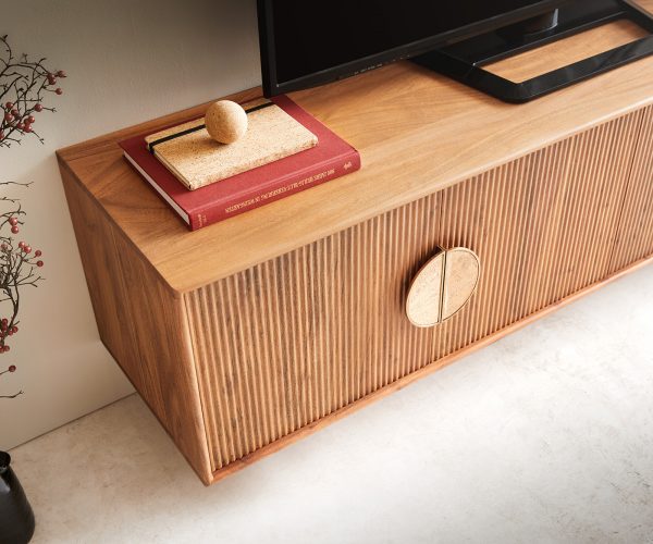 TV stolek Surimu 175x40x40 cm akácie světle hnědá 4 dvířka korkové madlo závěsné - Image 5