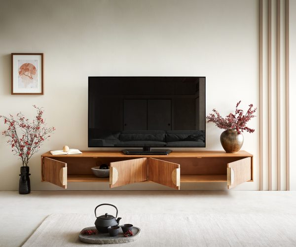 TV stolek Surimu 200x35x25 cm akácie světle hnědá 4 dvířka korkové madlo závěsné - Image 4