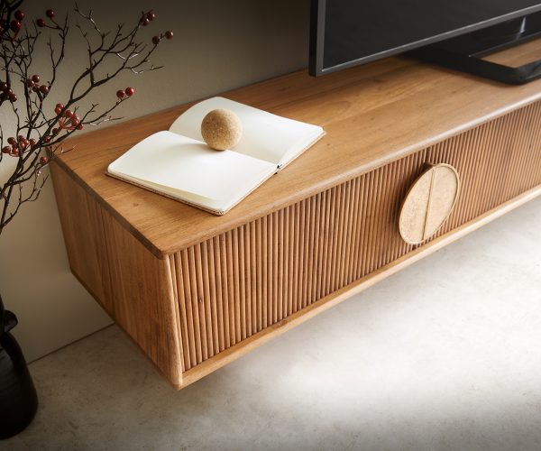 TV stolek Surimu 200x35x25 cm akácie světle hnědá 4 dvířka korkové madlo závěsné - Image 5