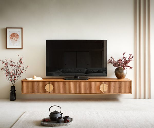 TV stolek Surimu 200x35x25 cm akácie světle hnědá 4 dvířka korkové madlo závěsné - Image 2