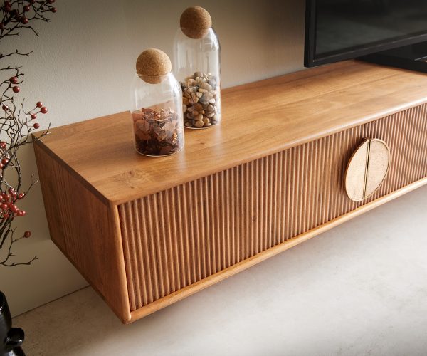 TV stolek Surimu 240x35x25 cm akácie světle hnědá 4 dvířka korkové madlo závěsné - Image 5
