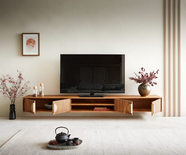 TV stolek Surimu 240x35x25 cm akácie světle hnědá 4 dvířka 2 přihrádky korkové madlo závěsné - Image 4