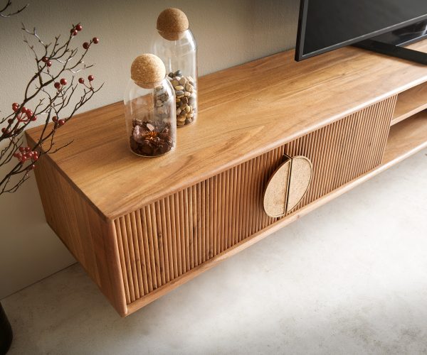 TV stolek Surimu 240x35x25 cm akácie světle hnědá 4 dvířka 2 přihrádky korkové madlo závěsné - Image 5