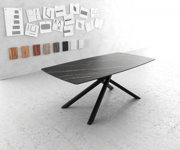Étkezőasztal Edge hajóformájú 200x100 cm Laminam® kerámia Noir Desir barna középső láb kereszt fekete