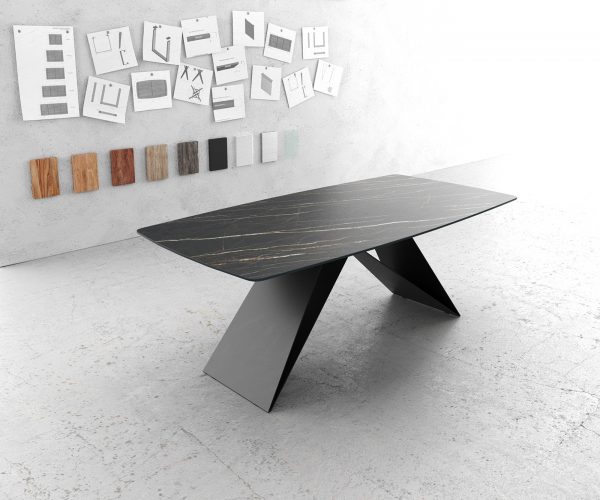 Étkezőasztal Edge hajóformájú 200x100 cm Laminam® kerámia Noir Desir barna V középső láb fekete