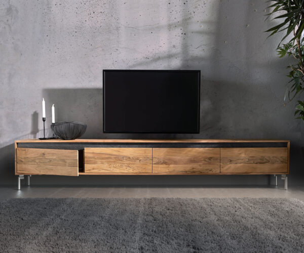 TV stolek Stonegrace 240 cm přírodní akácie 4 dvířka podnož oválná nerezová ocel - Image 4