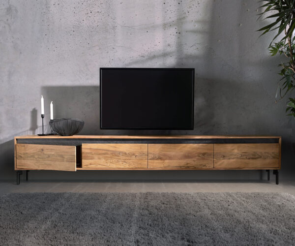 TV stolek Stonegrace 240 cm přírodní akácie 4 dvířka podnož oválná kov černá - Image 4