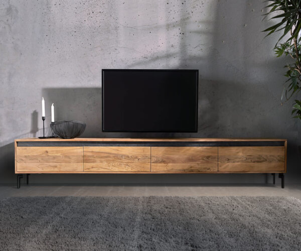 TV stolek Stonegrace 240 cm přírodní akácie 4 dvířka podnož oválná kov černá - Image 2