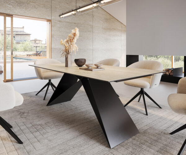 Jídelní stůl Edge 200x100 keramika travertin přírodní podnož ve tvaru "V" plochá ocel černá - Image 6