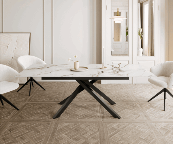 Jídelní stůl Edge 180-220x100 keramika Calacatta Luxe bílo-zlato-šedá křížová podnož hranatá černá rozkládací - Image 2