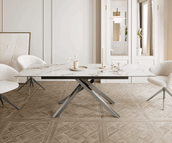 Jídelní stůl Edge 180-220x100 keramika Calacatta Luxe bílo-zlatošedá křížová podnož hranatá nerezová rozkládací - Image 2