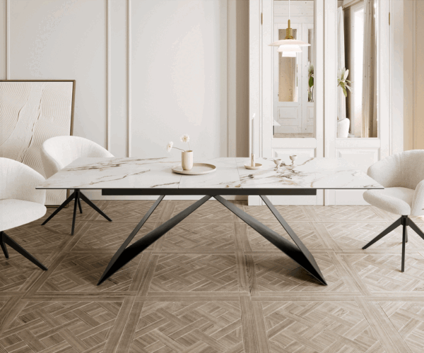 Jídelní stůl Edge 180-220x100 keramika Calacatta Luxe bílo-zlatošedá podnož ve tvaru "V" plochá ocel černá rozkládací - Image 2