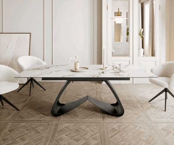 Jídelní stůl Edge 180-220x100 keramika Calacatta Luxe bílá-zlatošedá podnož ve tvaru "W" černá rozkládací - Image 2