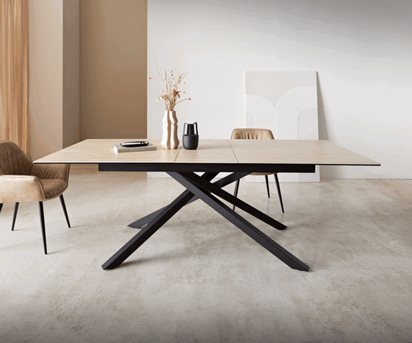 Jídelní stůl Edge 180-220x100 keramika travertin přírodní křížová podnož hranatá černá rozkládací - Image 2