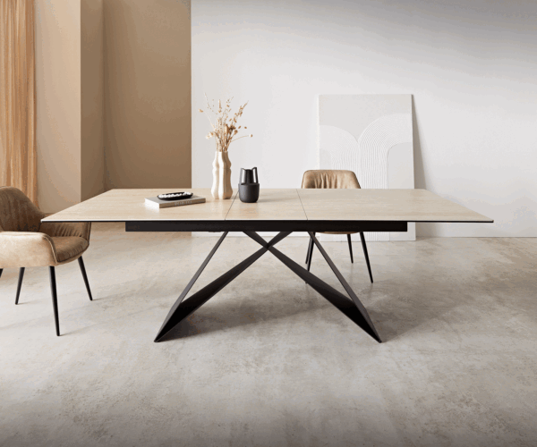 Jídelní stůl Edge 180-220x100 keramika travertin přírodní podnož ve tvaru "V" plochá ocel černá rozkládací - Image 2