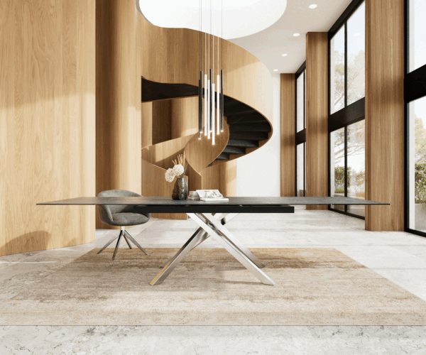 Jídelní stůl Edge 200-300x100 keramika Laminam®Nero Greco antracitová křížová podnož hranatá nerezová rozkládací - Image 2