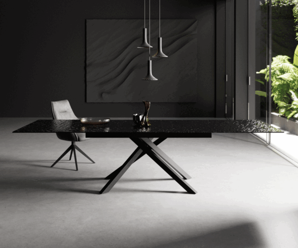 Jídelní stůl Edge 200-300x100 reliéfní sklo kouřové černé 3D design křížová podnož hranatá černá rozkládací - Image 2