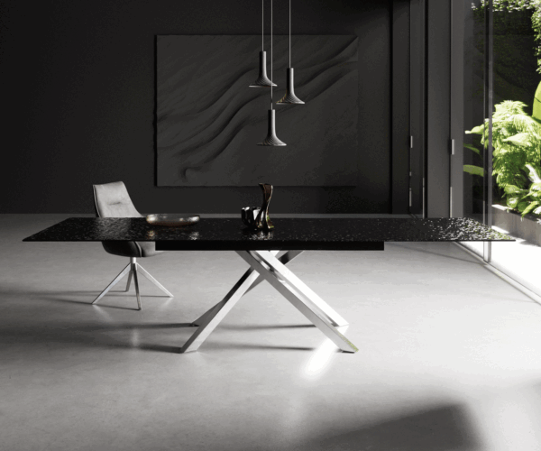 Jídelní stůl Edge 200-300x100 reliéfní sklo kouřové černé 3D design křížová podnož hranatá nerezová ocel rozkládací - Image 2
