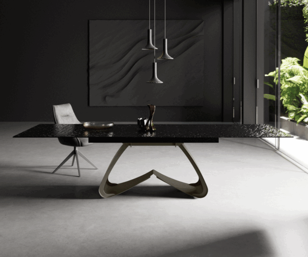 Jídelní stůl Edge 200-300x100 Reliéfní sklo kouřově černá 3D design podnož ve tvaru "W" rozkládací - Image 2