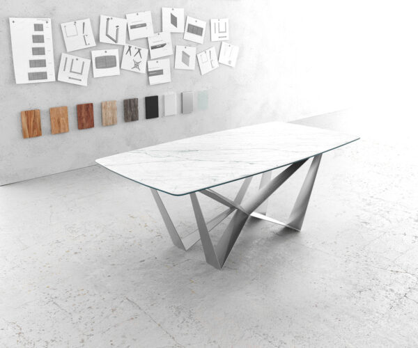 Jídelní stůl na hraně ve tvaru lodi 200x100cm Laminam® Keramická bílá středová noha Plochá ocel Stříbrná
