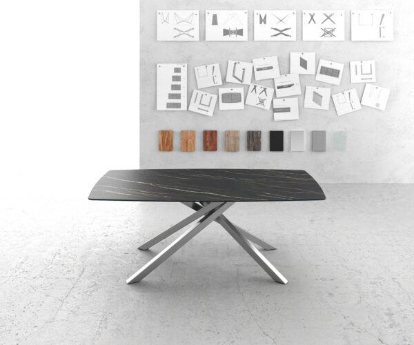 Étkezőasztal Edge hajóformájú 200x100 cm Laminam® kerámia Noir Desir barna kereszt láb rozsdamentes acél - Image 2