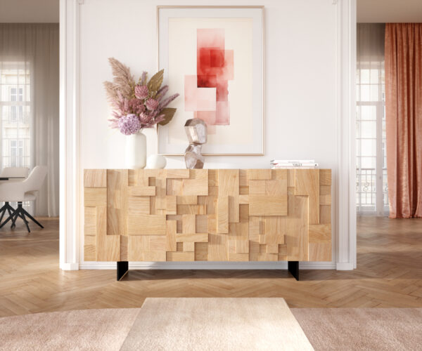 Příborník Puzzle 175 cm přírodní dub 3 dvířka podnož kov černá - Image 2