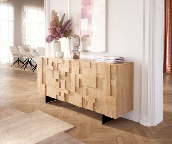 Příborník Puzzle 175 cm přírodní dub 3 dvířka podnož kov černá - Image 4