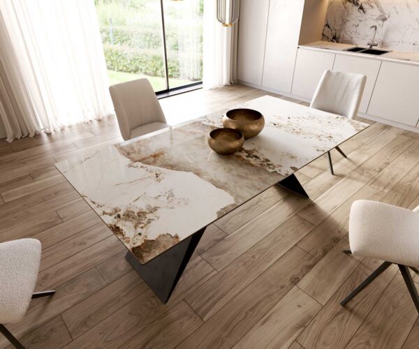 Jídelní stůl Edge 200x100 keramika Minas Melange bílo-béžová podnož ve tvaru "V" plochá ocel černá - Image 6