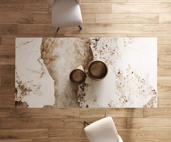 Jídelní stůl Edge 200x100 keramika Minas Melange bílo-béžová podnož ve tvaru "V" plochá ocel černá - Image 7