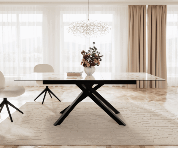 Jídelní stůl Edge 180-220x100 keramika Minas Melange bílo-béžová křížová podnož obdélník černá rozkládací - Image 2