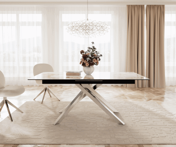 Jídelní stůl Edge 180-220x100 keramika Minas Melange bílo-béžová křížová podnož obdélníková nerezová rozkládací - Image 2