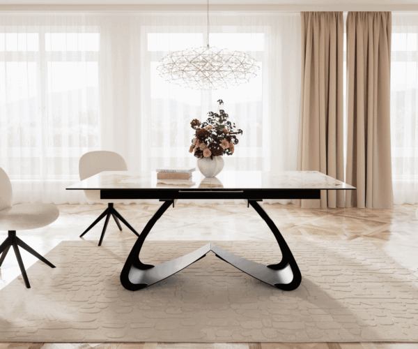 Jídelní stůl Edge 180-220x100 keramika Minas Melange bílo-béžová podnož ve tvaru "W" černá rozkládací - Image 2