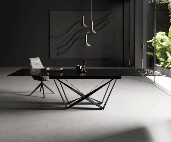 Jídelní stůl Edge 200-300x100 Reliéfní sklo kouřově černá 3D design podnož plochá ocelová černá rozkládací - Image 2