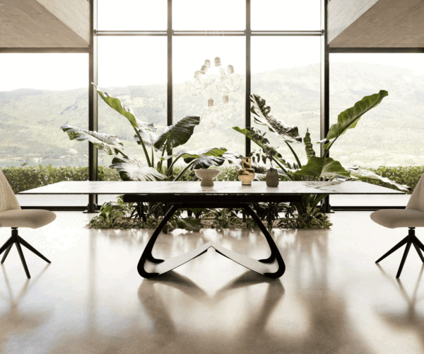 Jídelní stůl Edge 200-300x100 keramika Calacatta Luxe bílá-zlatošedá podnož ve tvaru "W" černá rozkládací - Image 2