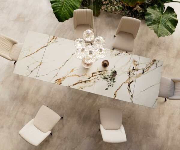 Jídelní stůl Edge 200-300x100 keramika Calacatta Luxe bílá-zlatošedá podnož ve tvaru "W" černá rozkládací - Image 6