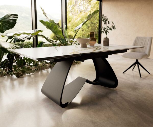 Jídelní stůl Edge 200-300x100 keramika Calacatta Luxe bílá-zlatošedá podnož ve tvaru "W" černá rozkládací - Image 7