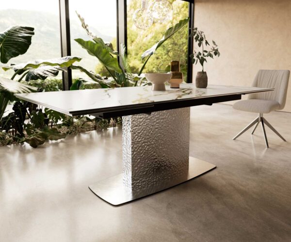 Jídelní stůl Edge 200-300x100 keramika Calacatta Luxe bílo-zlato-šedá podnož wave nerezová ocel rozkládací - Image 7